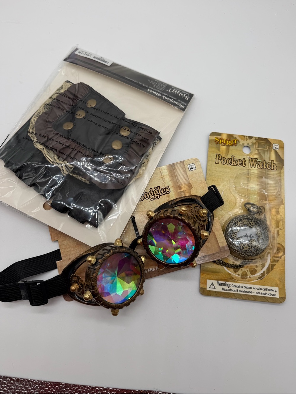 Spirit Steampunk Goggles with Iridescent Rainbow Lenses - Bronze Accents, Gloves